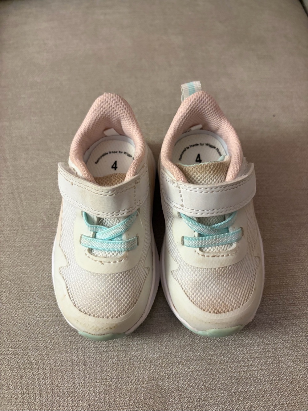 Toddler White Athletic Works Sneakers with Pink Lining and Mint Accents